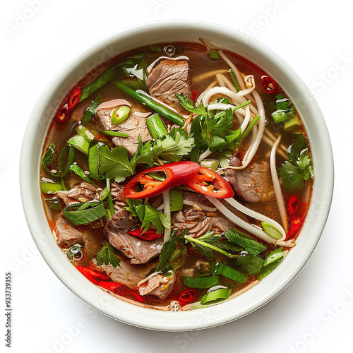 top view pho bo soup with beef in a bowl isolated on white background, vitnamese cuisine menu