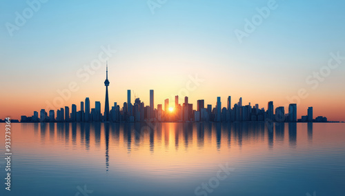 City skyline silhouetted against a sunset, with reflections on calm water. The image captures the serene beauty of the urban landscape at dusk.
