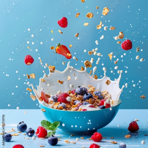 bowl of cereal with milk splashing and berries flying around, plain bright background. morning granola breakfast with blueberries, raspberries and strawberries