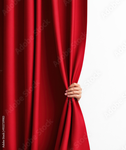 Close-up of a hand pulling back a vibrant red curtain, revealing a blank white background, symbolizing anticipation, mystery, or the unveiling of something new.