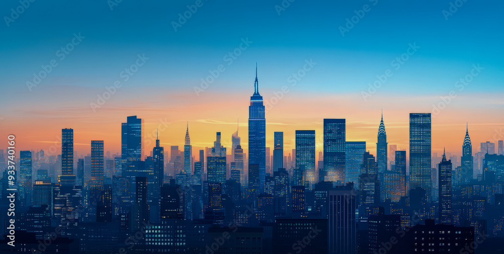 Naklejka premium Illustrated city skyline at sunrise with skyscrapers casting shadows against a gradient sky, capturing the serene mood of an early morning.