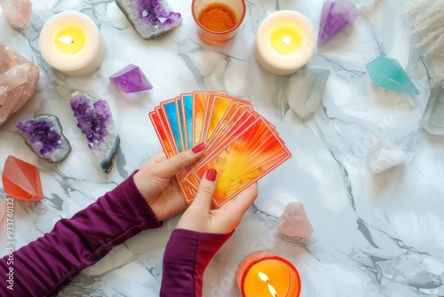 woman hands holding tarot cards, fortune telling, prophecy reading concept, top view esoteric magical layout with crystals, oracle and candles