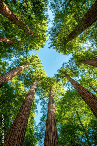 Upward view of tall redwood trees with green foliage and sunlight filtering through in a serene forest setting.
