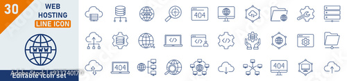 Web Hosting line icon set. Set of 30 outline icons related to server, data, domain, internet, and more. Linear icon collection. Web Hosting outline icons collection. Editable stroke.