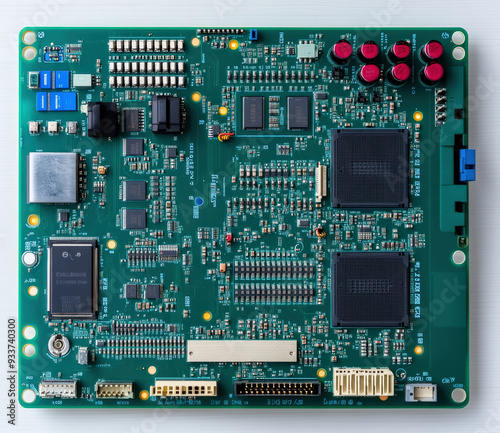 Close-up of a green circuit board with microchips, capacitors, resistors, and connectors, showcasing modern electronics.