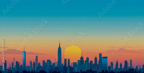 Illustrated city skyline at sunrise with skyscrapers silhouetted against a gradient sky, featuring a large yellow sun on the horizon.