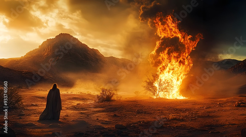 dramatic scene of moses facing the miraculous burning bush amidst a desolate desert landscape