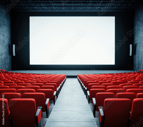 Empty movie theater with red seats facing a large blank white screen in a dark room, evoking anticipation.