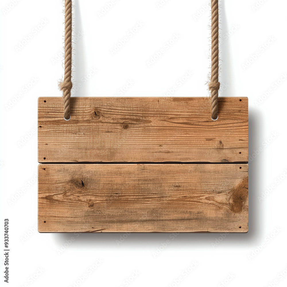 Rustic wooden signboard made of two planks, hanging from ropes, with a weathered texture and natural wood grain. Rustic wooden signboard made of two planks, hanging from ropes, with a weathered texture and natural wood grain.
