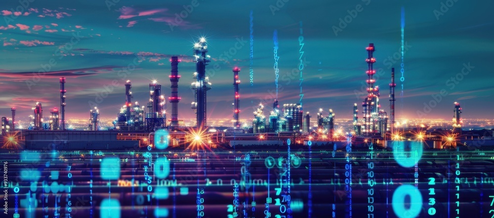 Fototapeta premium A digital oil and gas industry background with data visualization, featuring an industrial plant in the foreground Generative AI