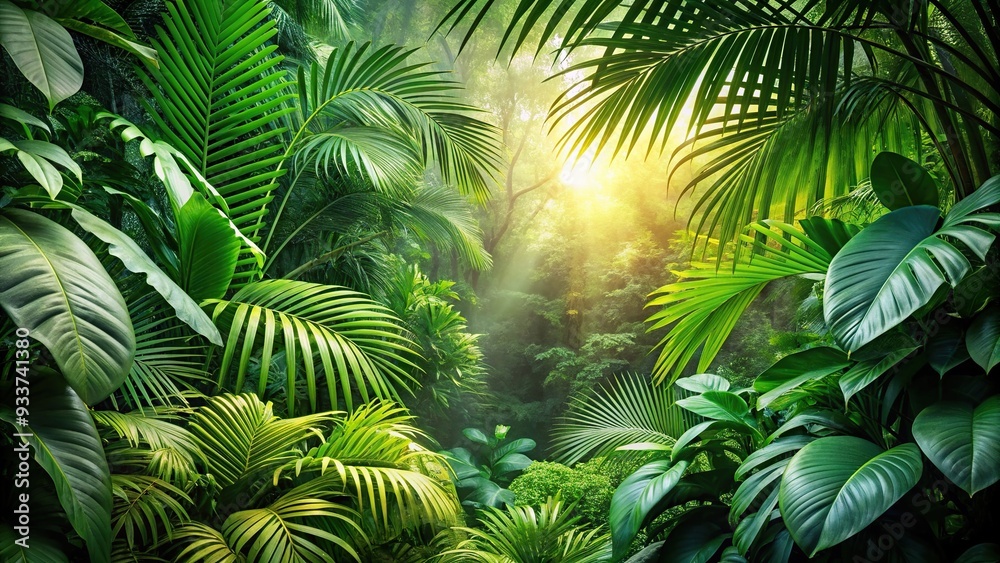 Fototapeta premium Lush green foliage in tropical jungle with asymmetrical composition, dense, lushness, wild,jungle, vibrant, green, environment, exotic, vibrant, environment, tropical, foliage, lush