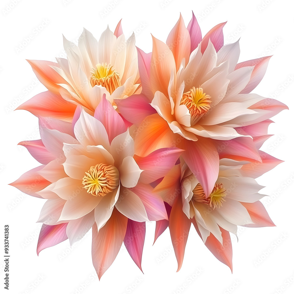 Obraz premium Vibrant Epiphyllum Blooms in Pastel Pink,White and Orange Hues on Plain White background transparent png 