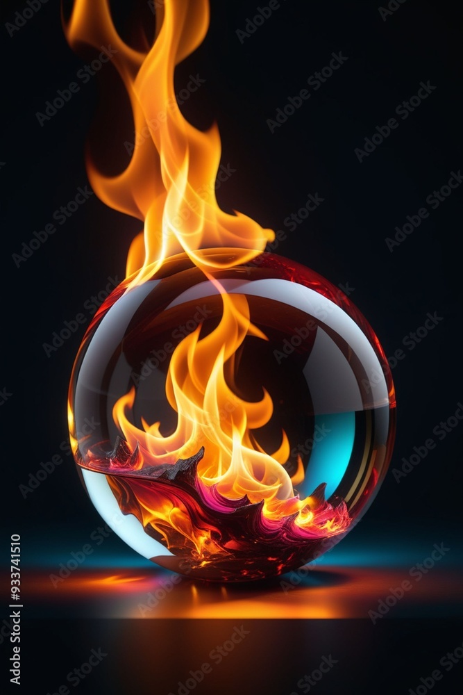 A glass sphere with fire inside isolated on a dark background, vertical composition