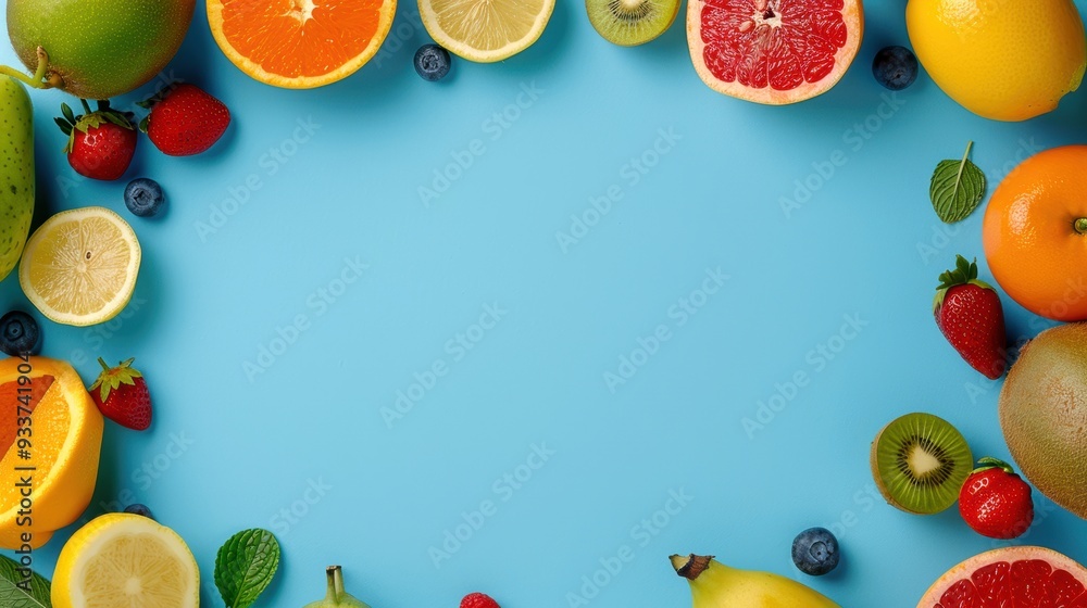 Fresh assorted fruits arranged in a frame on a vibrant blue background, featuring oranges, strawberries, kiwi, and bananas with copy space. Fresh assorted fruits arranged in a frame on a vibrant blue background, featuring oranges, strawberries, kiwi, and bananas with copy space.