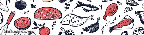 A simple line illustration of a graffiti ornament frame with charcoal doodles and sketches of dairy products, herbs, meat, and baking ingredients