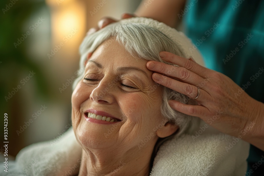 Fototapeta premium Retired senior woman enjoying a relaxing head massage at a spa