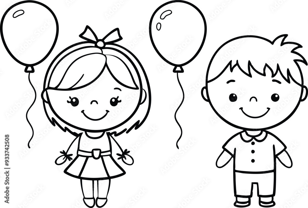 girl and boy with balloons line art illustration black and white girl and boy with balloons line art illustration black and white