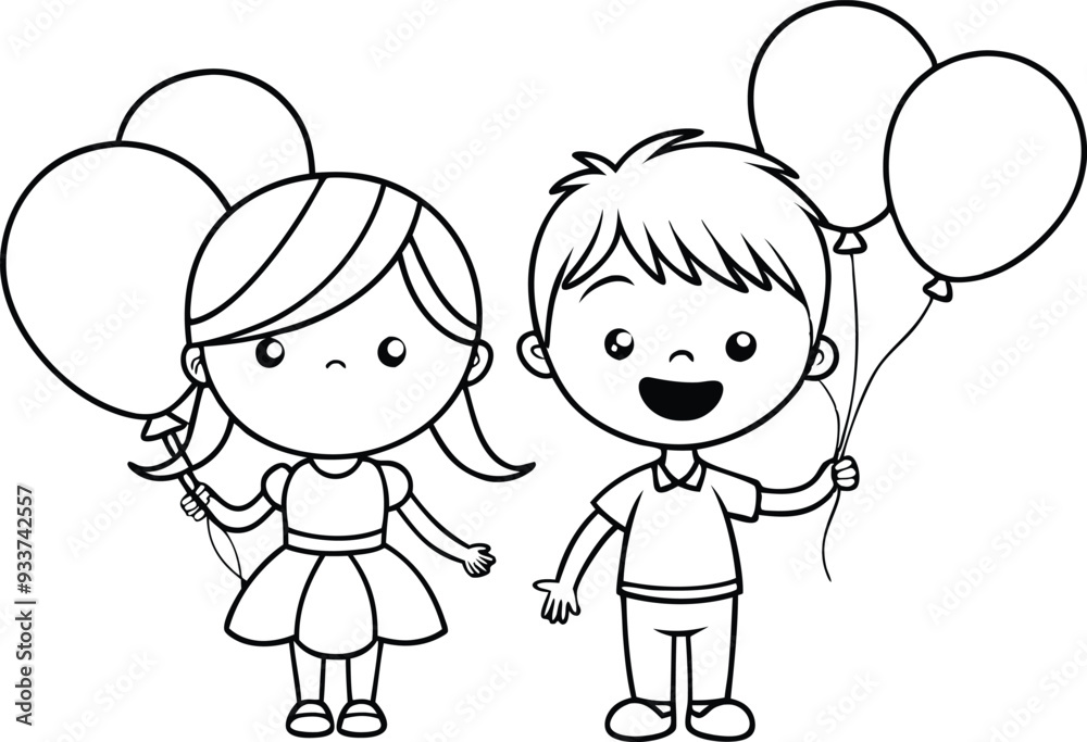 girl and boy with balloons line art illustration black and white girl and boy with balloons line art illustration black and white