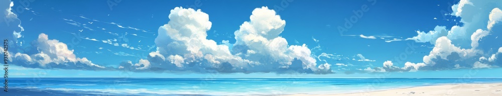Dreamy White Beach with Blue Sky and Clouds, Panoramic View with Soft Edges and Atmospheric Effects Dreamy White Beach with Blue Sky and Clouds, Panoramic View with Soft Edges and Atmospheric Effects