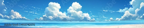 Dreamy White Beach with Blue Sky and Clouds, Panoramic View with Soft Edges and Atmospheric Effects