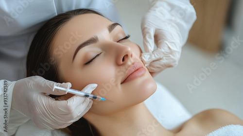 Beautiful lady at the beautician cabinet, woman receiving anti wrinkle injections on cheekbone. Women's cosmetology in the beauty salon