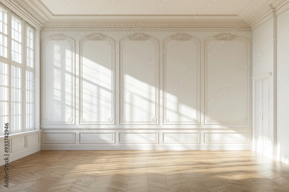 Featuring a parquet floor and classic walls, this room is empty. Featuring a parquet floor and classic walls, this room is empty.