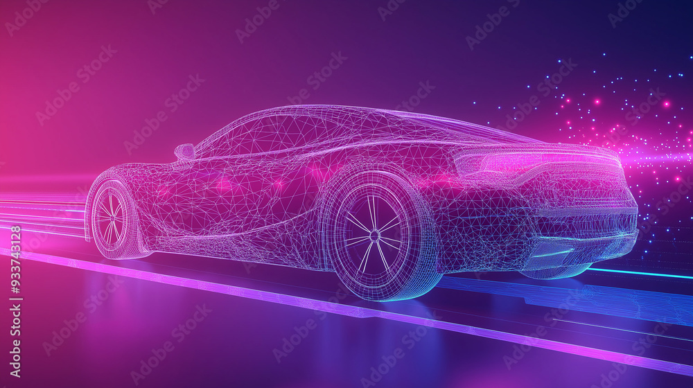 Naklejka premium Future Sport Car. Low poly wireframe illustration on technology light purple background.