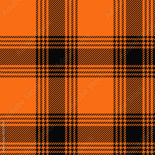 Black and orange color striped lines tartan check seamless plaid pattern background for textile design, napkin, handkerchief, blanket, cover, tablecloth. Vector illustration.