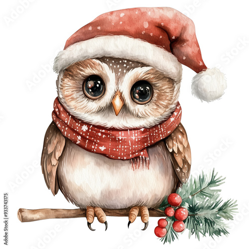 Cute Watercolor Owl Wearing Santa Hat and Scarf for Christmas isolate on white background