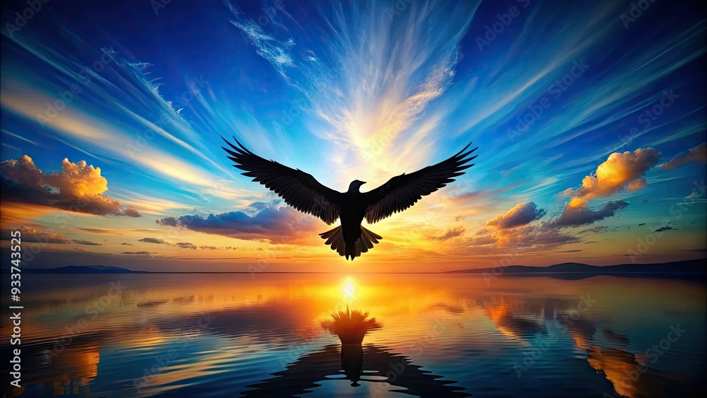 Naklejka premium Silhouetted wings spread wide, soaring bird draws a sharp, contrasting line across a vibrant, gradient-blue morning sky, evoking freedom and limitless possibilities.