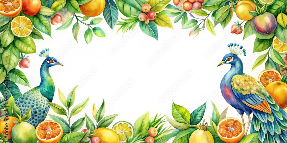 Obraz premium Watercolor frame featuring citrus fruits, leaves, and peacock birds, watercolor, frame, citrus fruits, leaves, peacock