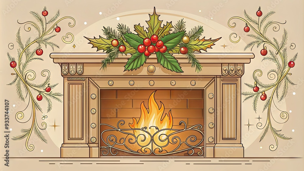 Obraz premium Simple, elegant line drawing of a cozy fireplace with ornate mantel, surrounded by warm, inviting flames and subtle festive holly motif accents.