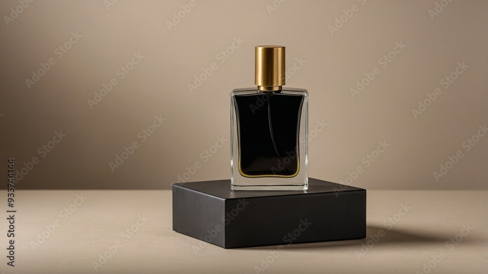 Mockup with black bottle of perfume on neutral background.