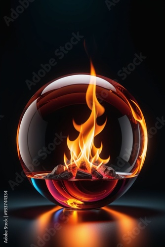 A glass sphere with fire inside isolated on a dark background, vertical composition