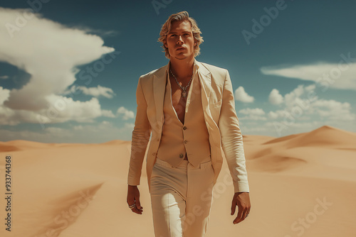 High fashion concept. Portrait of fashionable male model walking in luxurious white clothing among sands under the blue sky. Luxury brands campaign style. Outdoor shot photo