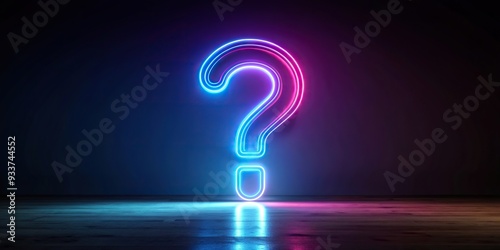 Neon question mark floating on a dark background, concept for doubt and questioning high angle, illustration, high angle view, technology, confusion, symbol, uncertainty
