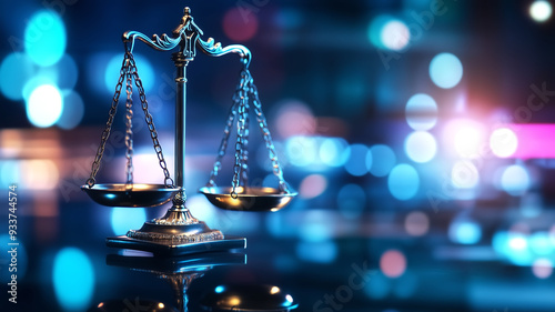 Golden Scales of Justice Against a Vibrant Blurred Background with Bokeh Lights