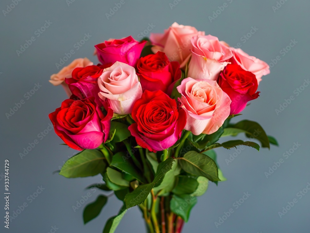 A bouquet of pink and red roses in a vase on a table A bouquet of pink and red roses in a vase on a table