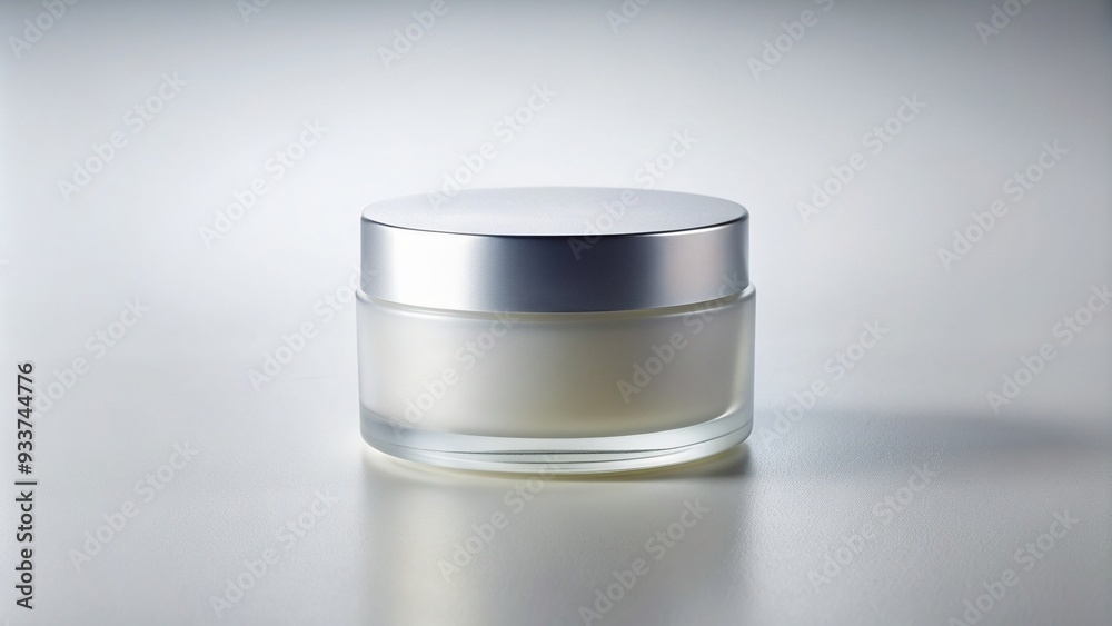 Minimalist frosted cosmetic jar on light background tilted at an angle, cosmetic, container, skincare, beauty, light background, simple, trendy, glass, makeup, fashion, hygiene, accessory
