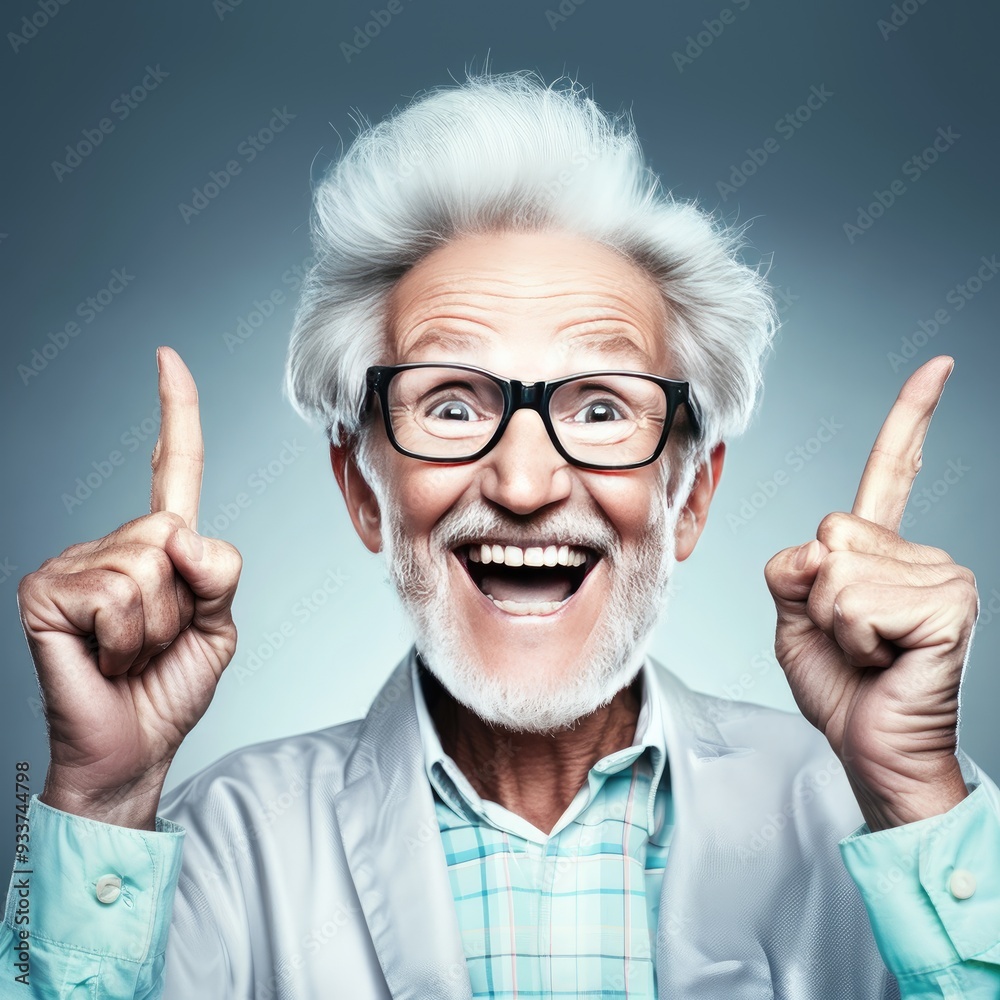 Excited elderly man celebrating a moment of joy against a soft blue background Excited elderly man celebrating a moment of joy against a soft blue background
