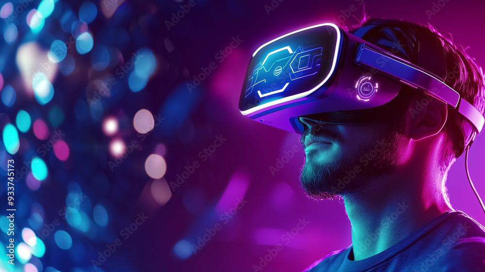 Man Immersed in Virtual Reality Experience with Futuristic VR Headset and Neon Lights in Background Man Immersed in Virtual Reality Experience with Futuristic VR Headset and Neon Lights in Background