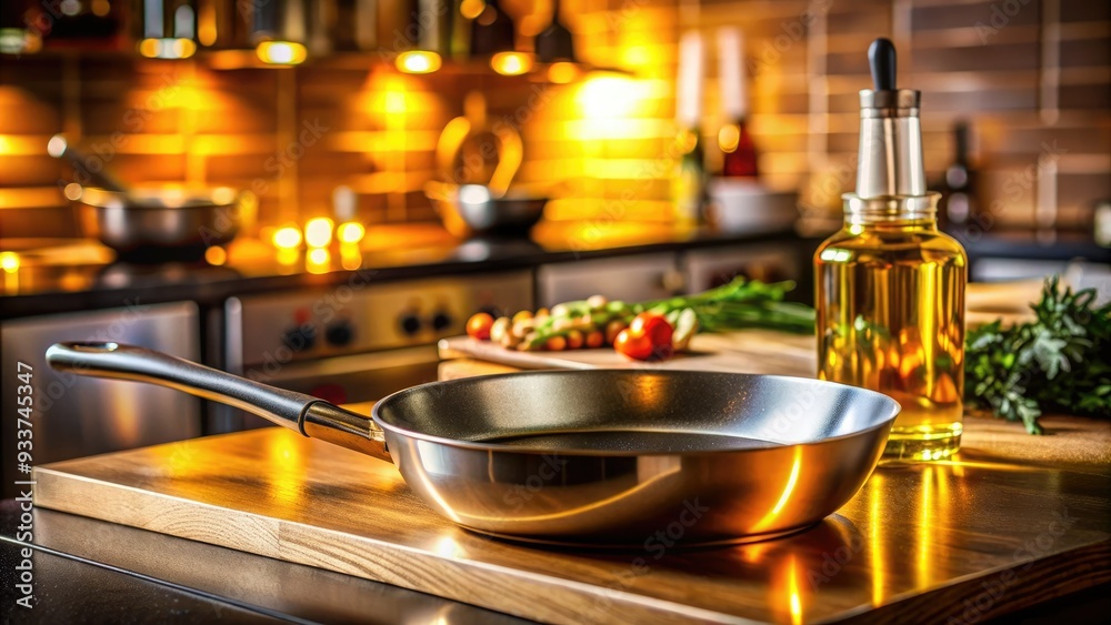 Sizzling hot pan with a shallow pool of golden oil, ready for sautéing, with a slight sheen and subtle kitchen lighting in the background. Sizzling hot pan with a shallow pool of golden oil, ready for sautéing, with a slight sheen and subtle kitchen lighting in the background.