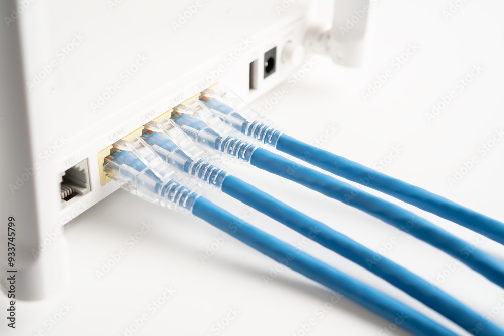Ethernet cable with wireless router connect to internet service provider internet network. Ethernet cable with wireless router connect to internet service provider internet network.