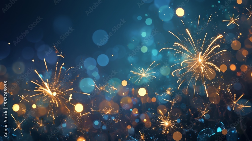 Fototapeta premium Abstract New Year Background with Cheering Crowd, Blue and Gold Fireworks, and Bokeh Lights on Dark Blue Night Sky Texture, Ideal for Holiday Celebrations