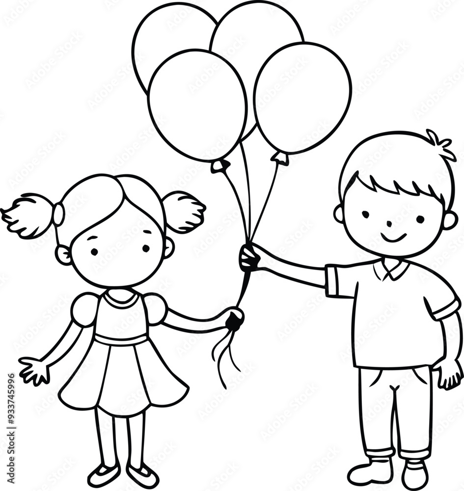 girl and boy with balloons line art illustration black and white girl and boy with balloons line art illustration black and white