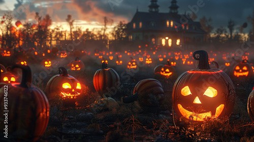 a picturesque pumpkin patch with carved pumpkin lanterns glowing at dusk.