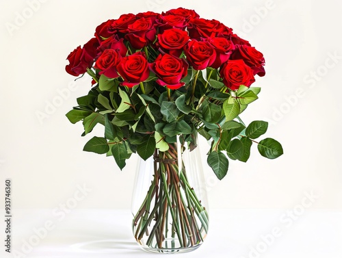 A vase filled with red roses on a white table photo
