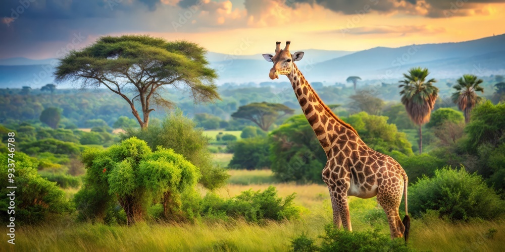Obraz premium Majestic giraffe in lush African landscape with dense foliage and trees in background, giraffe, majestic, African, landscape, green