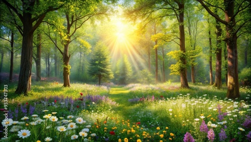 A sun-drenched enchanted forest clearing with a flowering meadow, vibrant, greenery, peaceful, lush,enchanted, wildflowers, tranquil, foliage, clearing, landscape, blooming, magical