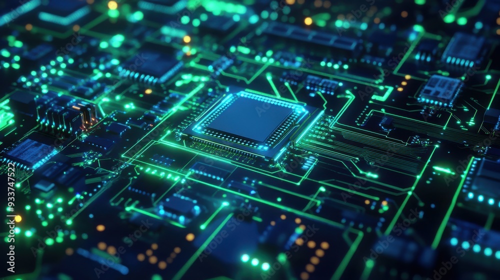 Close-up view of a glowing circuit board with intricate patterns and vibrant colors, showcasing technology and innovation. Close-up view of a glowing circuit board with intricate patterns and vibrant colors, showcasing technology and innovation.